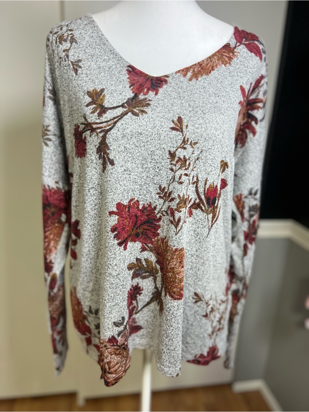 Maurices Cream Knit Floral Long-Sleeve Top with Red and Brown Blooms